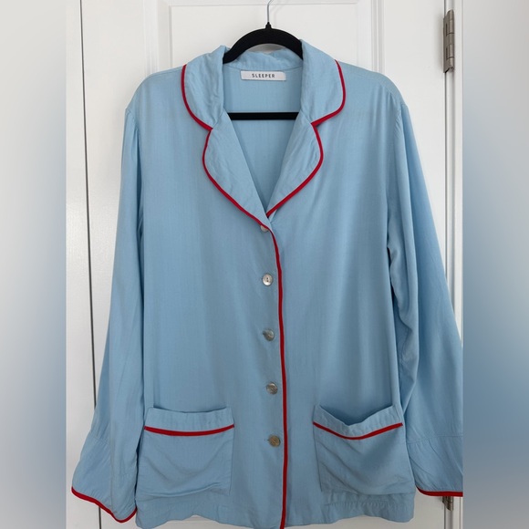 SLEEPER Women’s Long Sleeve Button Down Pajama Top Blue Red Trim Size Large - Picture 2 of 11